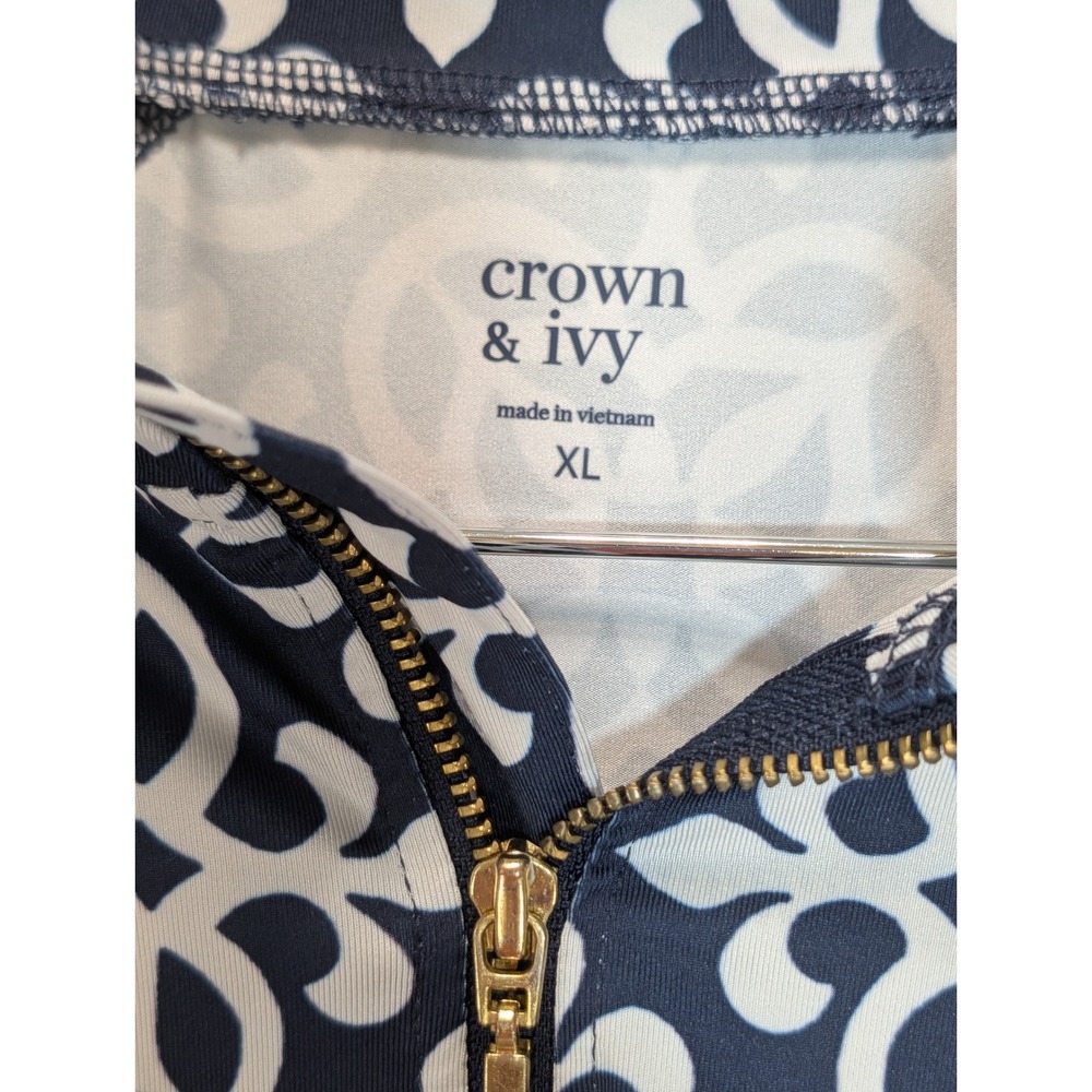 Crown & Ivy Womens XL Navy White Medallion Print Quarter Zip Pullover Top - Picture 3 of 4